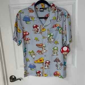 Nintendo Light Blue Mushroom Print Casual Button Down Shirt